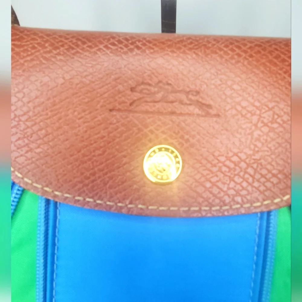 LONGCHAMP Stylish "Le Pliage"Small Expandable Top Handle Blue and Green Tote Bag - Picture 11 of 16